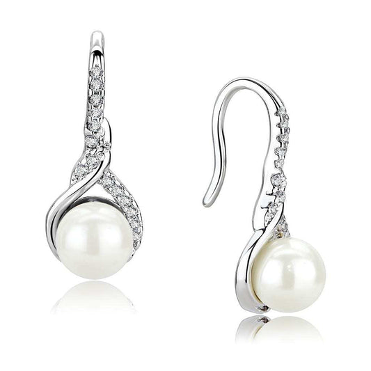 3W1478 - Rhodium Brass Earrings with Synthetic Pearl in White - Alamode - Flyclothing LLC
