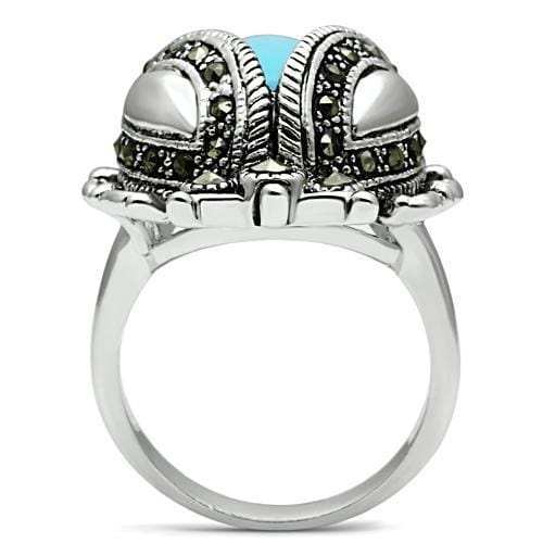 3W181 - Rhodium Brass Ring with Synthetic Turquoise in Sea Blue - Alamode - Flyclothing LLC