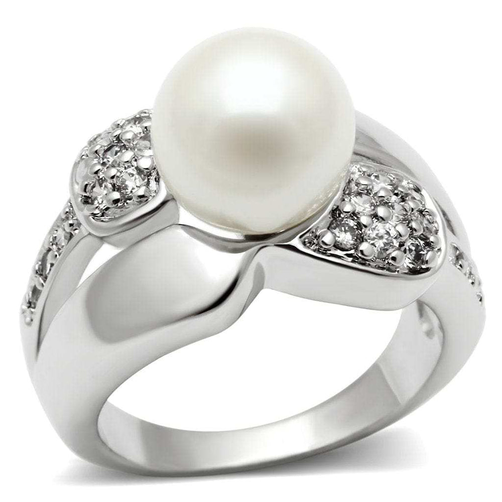 3W182 - Rhodium Brass Ring with Synthetic Pearl in White - Alamode - Flyclothing LLC
