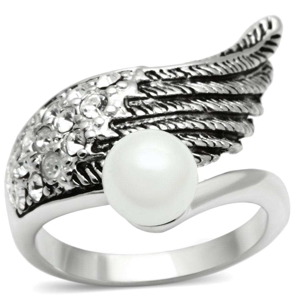 3W191 - Rhodium Brass Ring with Synthetic Pearl in White - Alamode - Flyclothing LLC