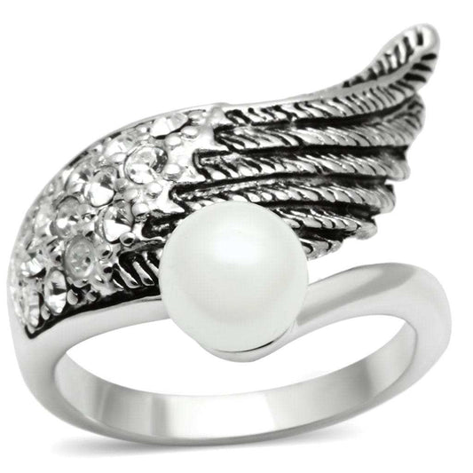 3W191 - Rhodium Brass Ring with Synthetic Pearl in White - Alamode - Flyclothing LLC