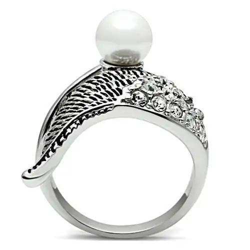 3W191 - Rhodium Brass Ring with Synthetic Pearl in White - Alamode - Flyclothing LLC