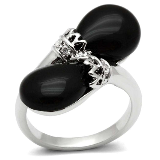 3W195 - Rhodium Brass Ring with Semi-Precious Onyx in Jet - Alamode - Flyclothing LLC