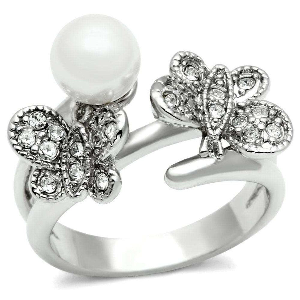 3W223 - Rhodium Brass Ring with Synthetic Pearl in White - Alamode - Flyclothing LLC