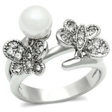 3W223 - Rhodium Brass Ring with Synthetic Pearl in White - Alamode - Flyclothing LLC