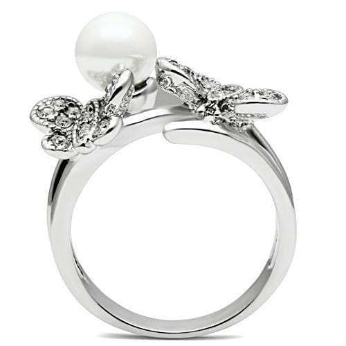 3W223 - Rhodium Brass Ring with Synthetic Pearl in White - Alamode - Flyclothing LLC