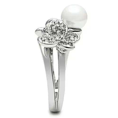 3W223 - Rhodium Brass Ring with Synthetic Pearl in White - Alamode - Flyclothing LLC