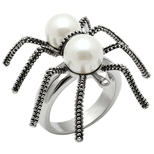 3W226 - Rhodium Brass Ring with Synthetic Pearl in White - Alamode - Flyclothing LLC