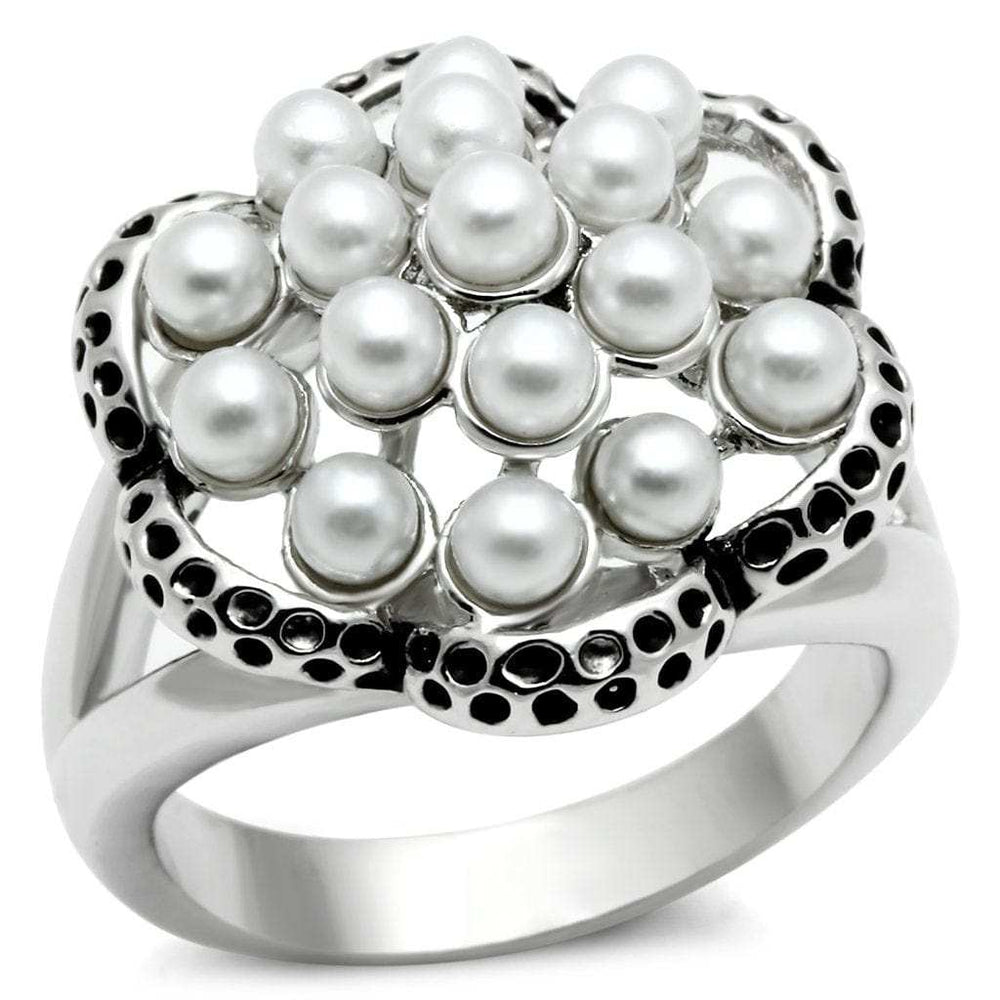 3W232 - Rhodium Brass Ring with Synthetic Pearl in White - Alamode - Flyclothing LLC
