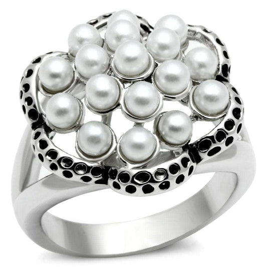 3W232 - Rhodium Brass Ring with Synthetic Pearl in White - Alamode - Flyclothing LLC