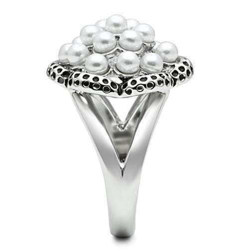3W232 - Rhodium Brass Ring with Synthetic Pearl in White - Alamode - Flyclothing LLC