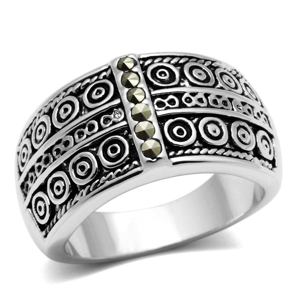 3W239 - Rhodium Brass Ring with Semi-Precious Marcasite in Black Diamond - Alamode - Flyclothing LLC