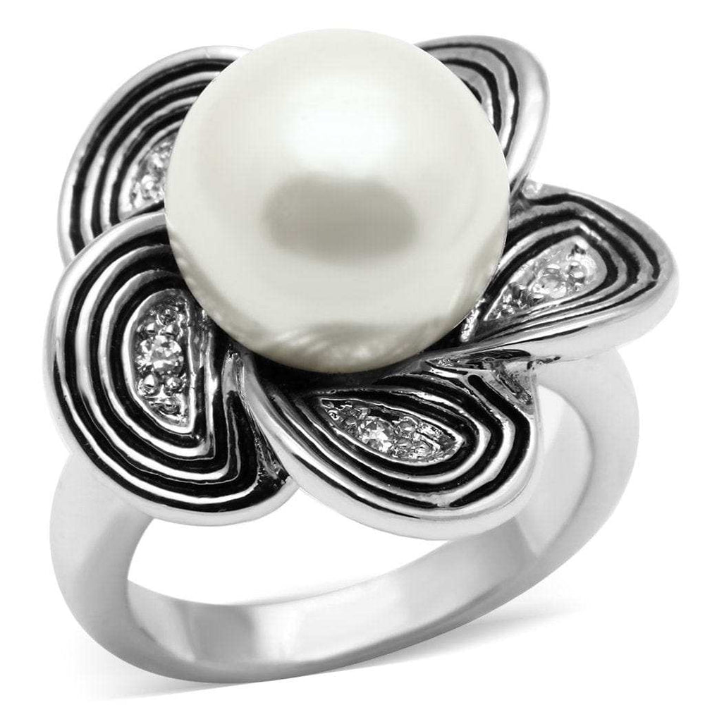 3W240 - Rhodium Brass Ring with Synthetic Pearl in White - Alamode - Flyclothing LLC