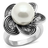 3W240 - Rhodium Brass Ring with Synthetic Pearl in White - Alamode - Flyclothing LLC