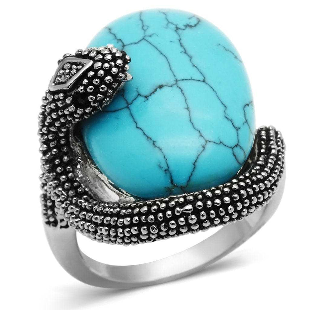 3W255 - Rhodium Brass Ring with Synthetic Turquoise in Sea Blue - Alamode - Flyclothing LLC