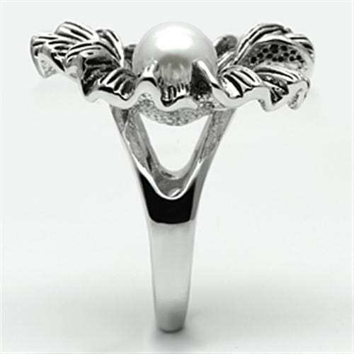 3W259 - Rhodium Brass Ring with Synthetic Pearl in White - Alamode - Flyclothing LLC