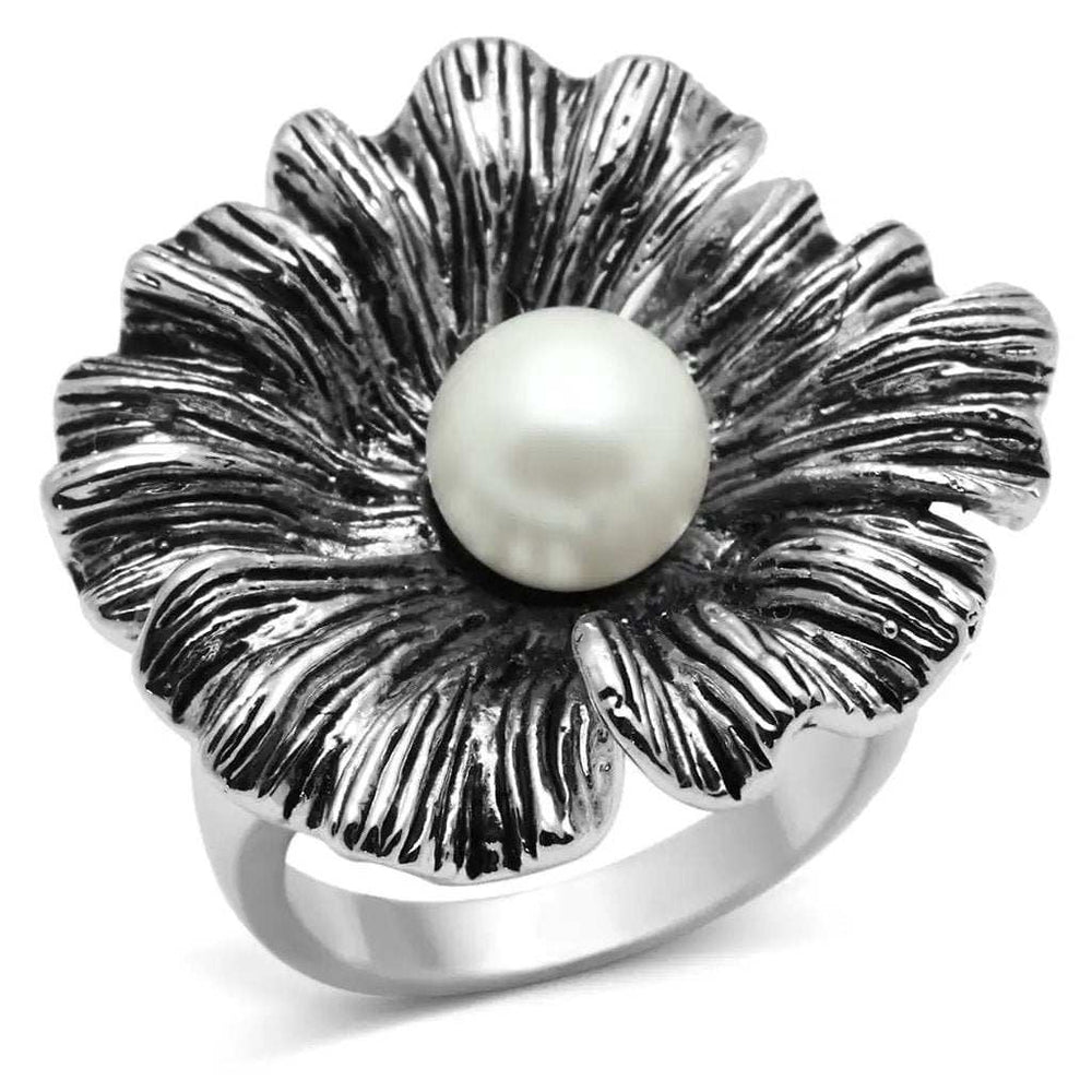 3W259 - Rhodium Brass Ring with Synthetic Pearl in White - Alamode - Flyclothing LLC