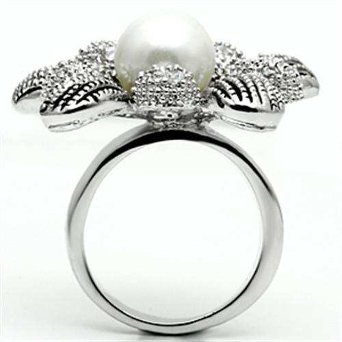 3W294 - Rhodium Brass Ring with Synthetic Pearl in White - Alamode - Flyclothing LLC