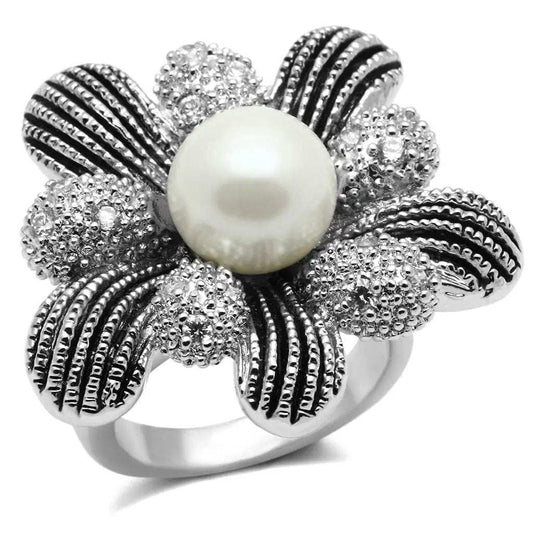 3W294 - Rhodium Brass Ring with Synthetic Pearl in White - Alamode - Flyclothing LLC
