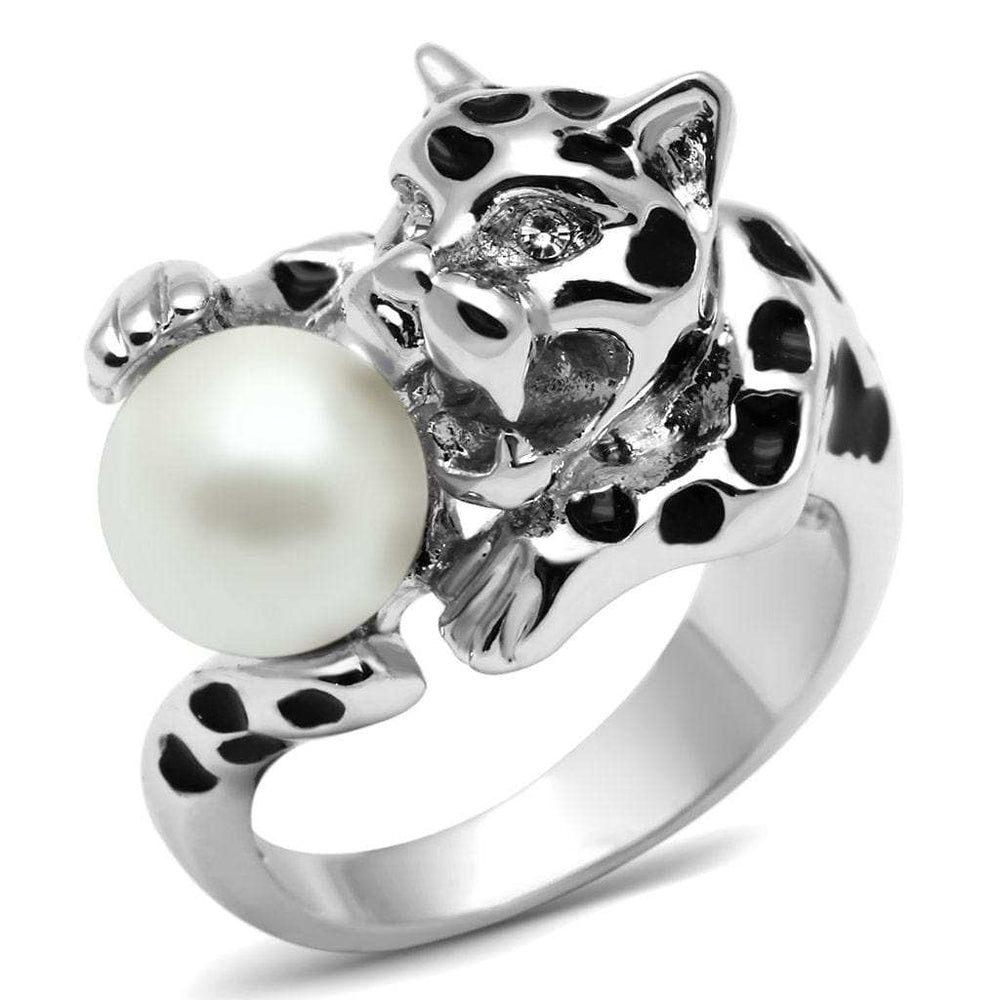 3W297 - Rhodium Brass Ring with Synthetic Pearl in White - Alamode - Flyclothing LLC