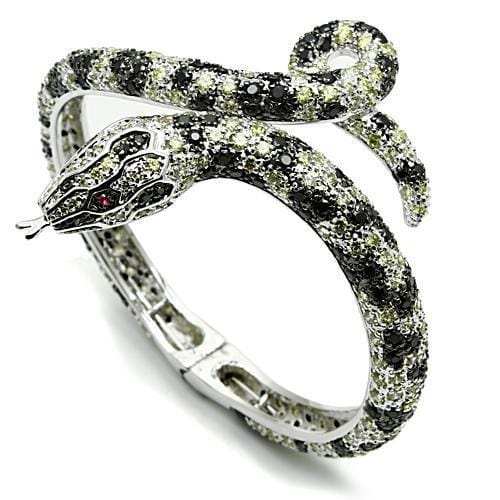 3W303 - Rhodium + Ruthenium Brass Bangle with AAA Grade CZ in Multi Color - Alamode - Flyclothing LLC