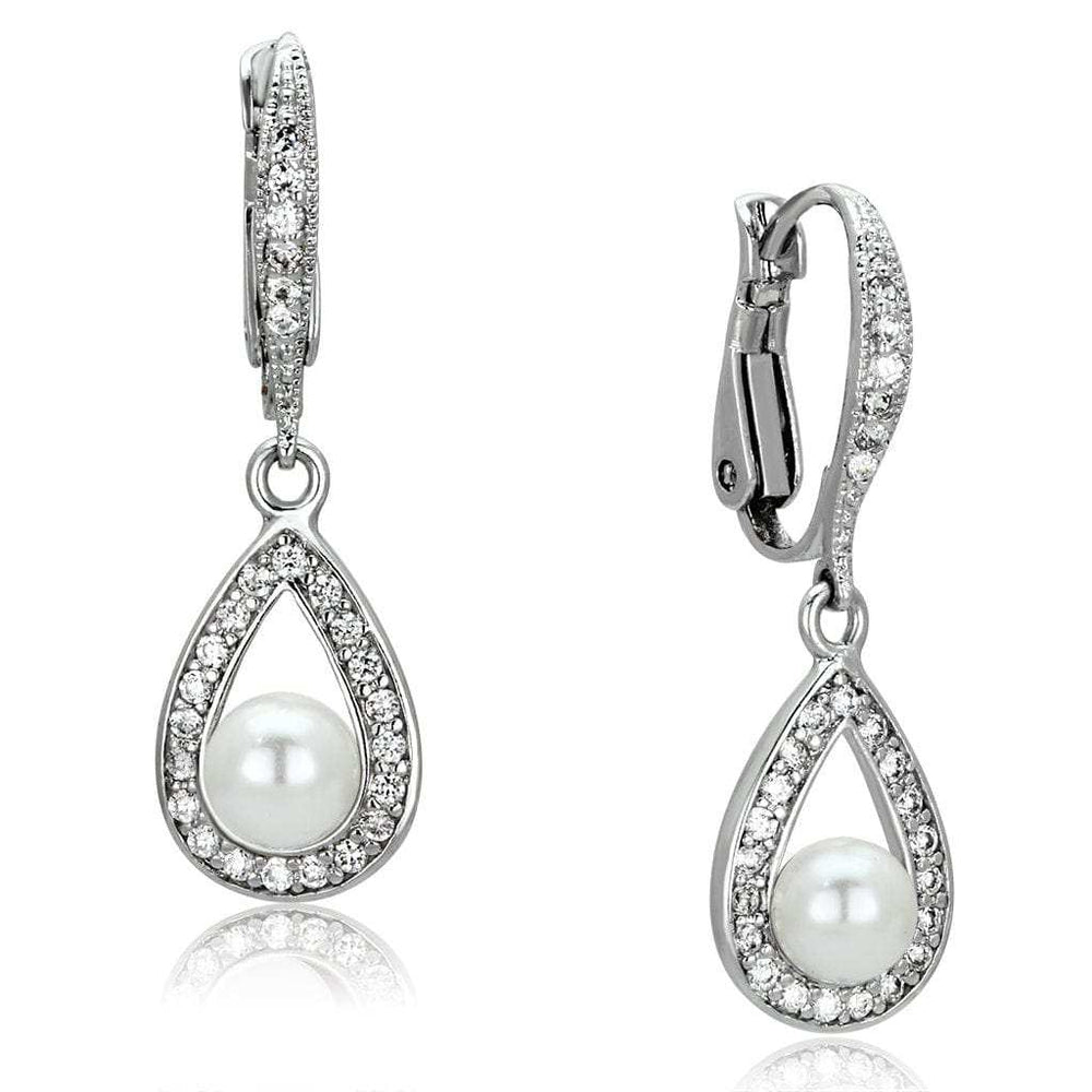 3W344 - Rhodium Brass Earrings with Synthetic Pearl in White - Alamode - Flyclothing LLC