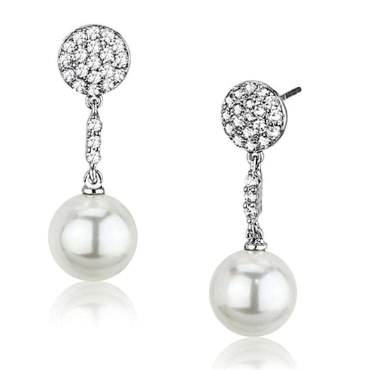 3W350 - Rhodium Brass Earrings with Synthetic Pearl in White - Alamode - Flyclothing LLC