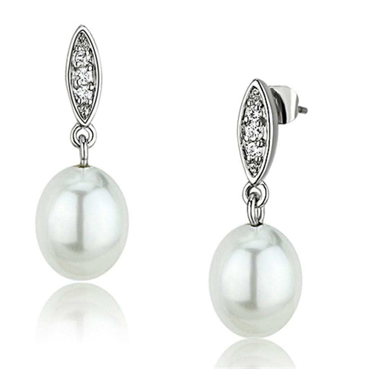 3W378 - Rhodium Brass Earrings with Synthetic Pearl in White - Alamode - Flyclothing LLC