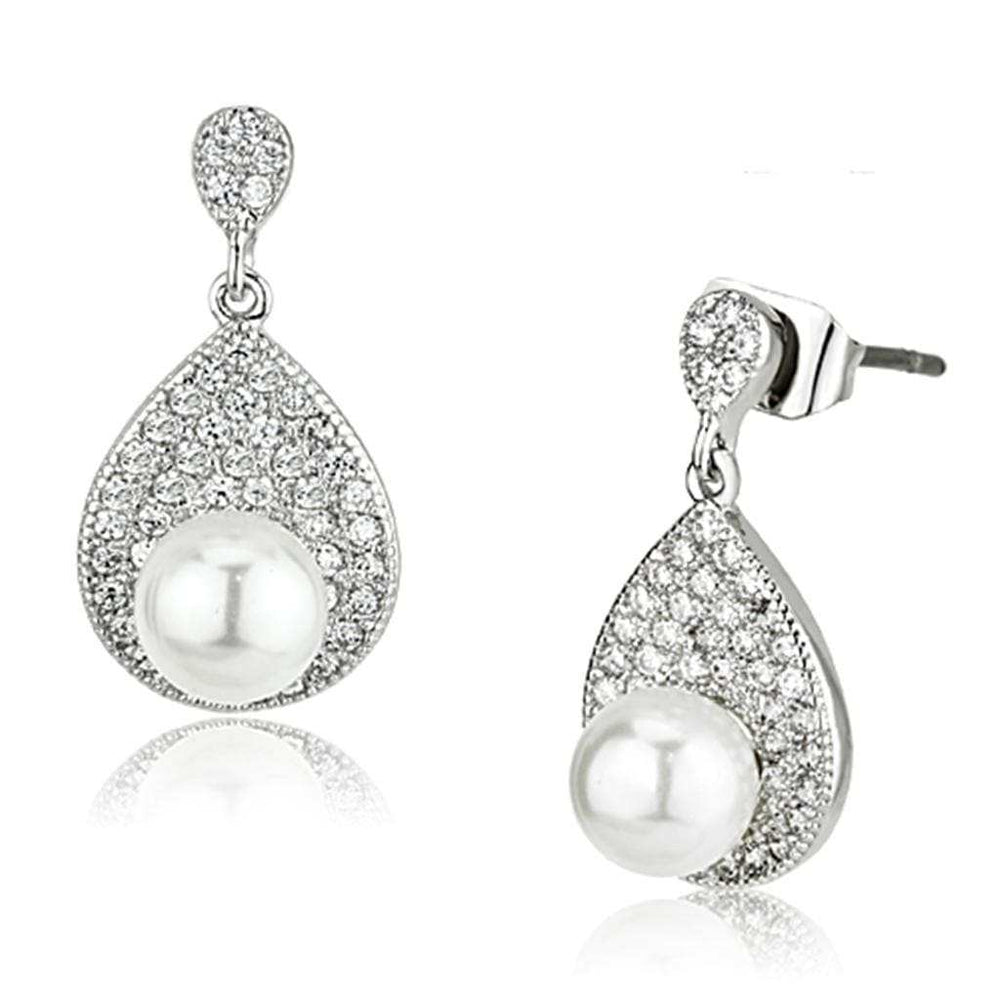 3W384 - Rhodium Brass Earrings with Synthetic Pearl in White - Alamode - Flyclothing LLC