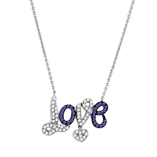 3W414 - Rhodium + Ruthenium Brass Necklace with AAA Grade CZ in Amethyst - Alamode - Flyclothing LLC