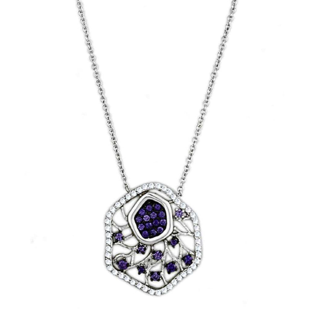3W438 - Rhodium + Ruthenium Brass Necklace with AAA Grade CZ in Amethyst - Alamode - Flyclothing LLC