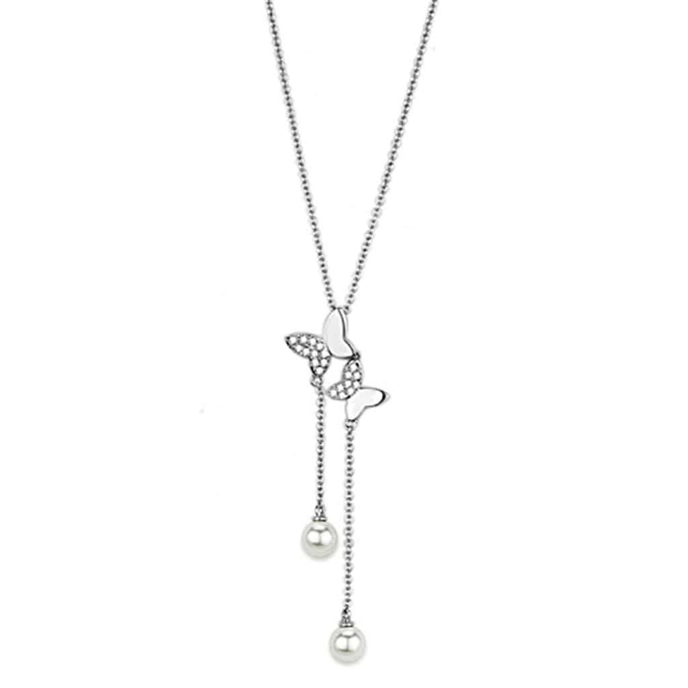 3W442 - Rhodium Brass Necklace with Synthetic Pearl in White - Alamode - Flyclothing LLC