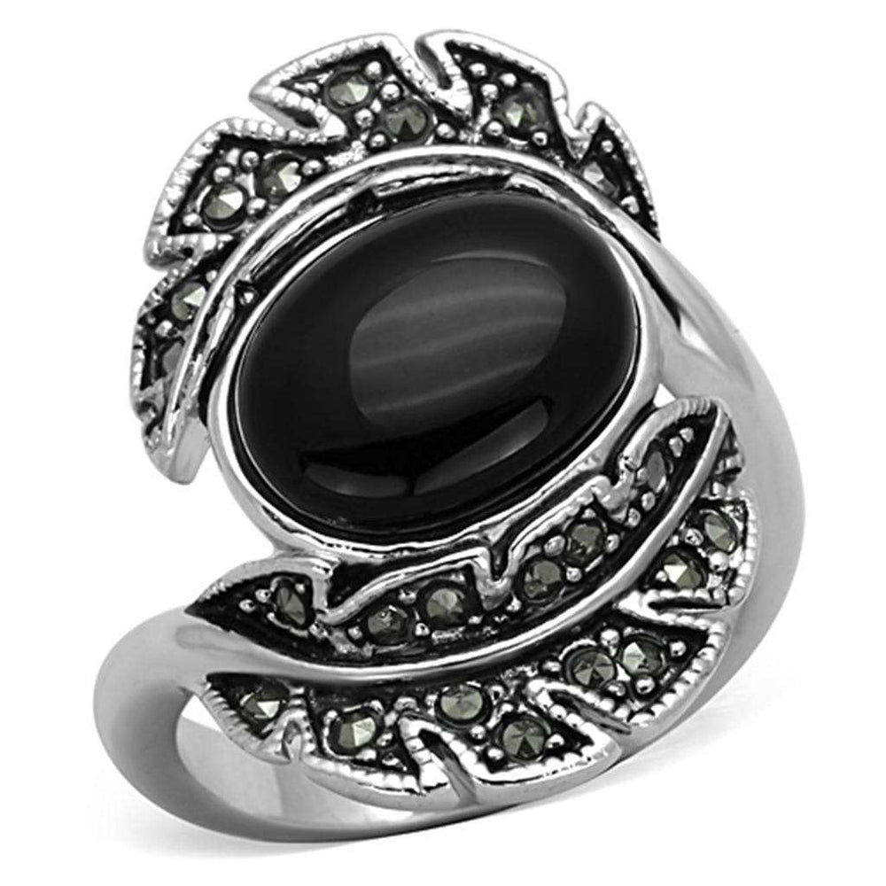 3W597 - Rhodium Brass Ring with Synthetic Onyx in Jet - Alamode - Flyclothing LLC