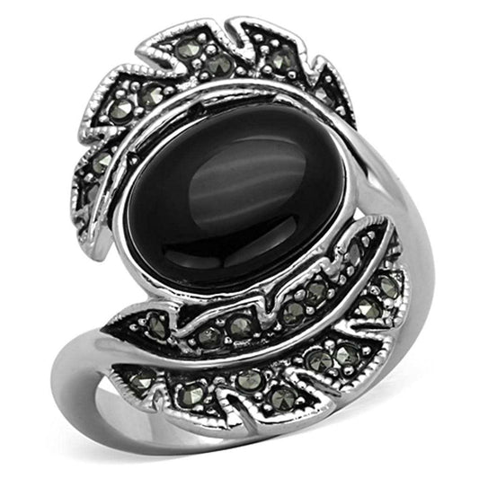 3W597 - Rhodium Brass Ring with Synthetic Onyx in Jet - Alamode - Flyclothing LLC