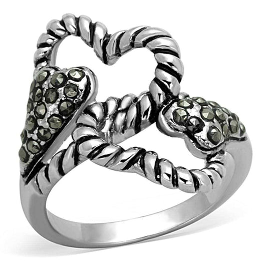 3W608 - Rhodium Brass Ring with Synthetic Marcasite in Black Diamond - Alamode - Flyclothing LLC