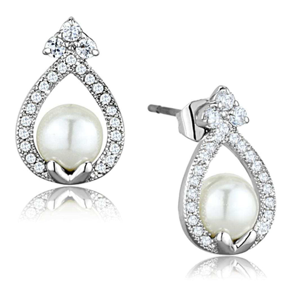 3W665 - Rhodium Brass Earrings with Synthetic Pearl in White - Alamode - Flyclothing LLC