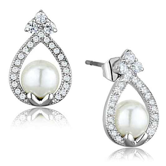 3W665 - Rhodium Brass Earrings with Synthetic Pearl in White - Alamode - Flyclothing LLC