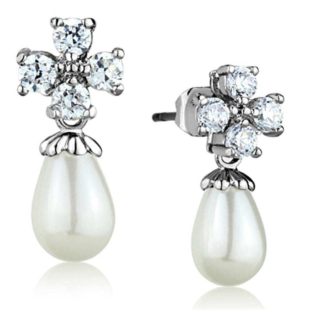 3W672 - Rhodium Brass Earrings with Synthetic Pearl in White - Alamode - Flyclothing LLC