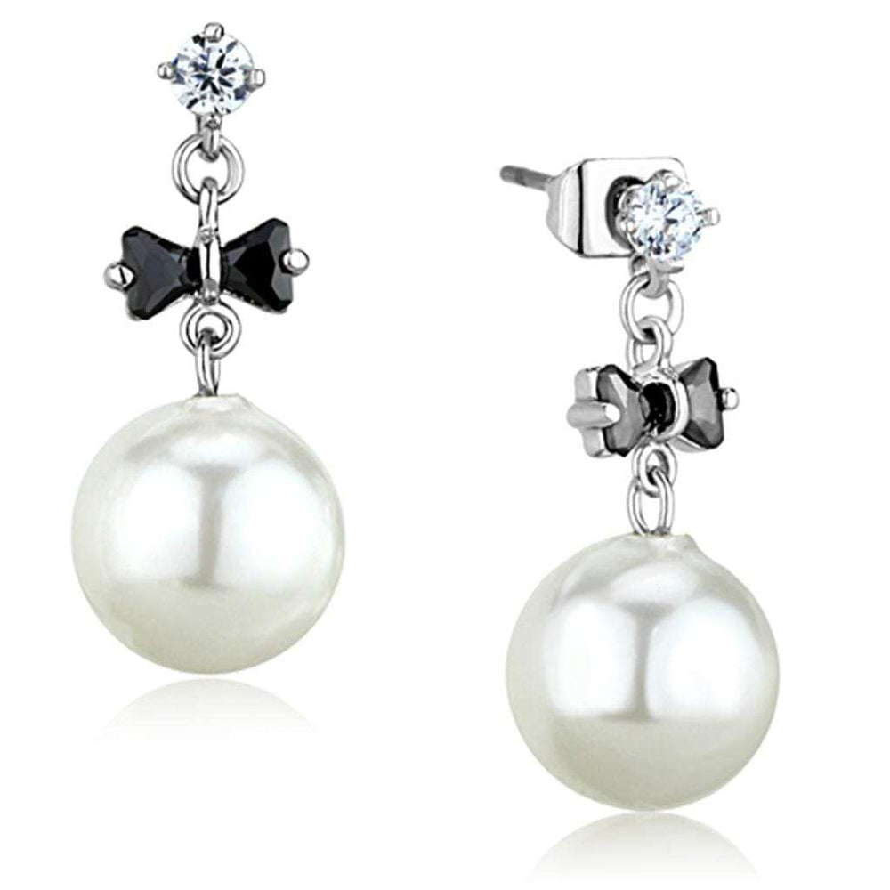 3W676 - Rhodium Brass Earrings with Synthetic Pearl in White - Alamode - Flyclothing LLC