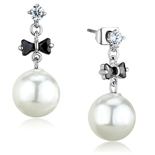 3W676 - Rhodium Brass Earrings with Synthetic Pearl in White - Alamode - Flyclothing LLC
