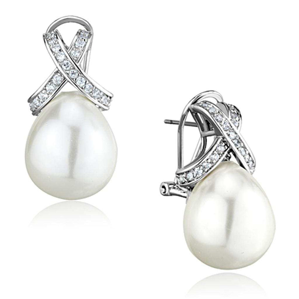 3W677 - Rhodium Brass Earrings with Synthetic Pearl in White - Alamode - Flyclothing LLC