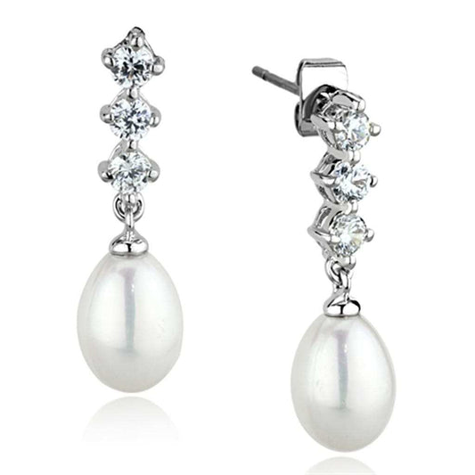 3W679 - Rhodium Brass Earrings with Semi-Precious Pearl in White - Alamode - Flyclothing LLC
