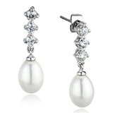 3W679 - Rhodium Brass Earrings with Semi-Precious Pearl in White - Alamode - Flyclothing LLC