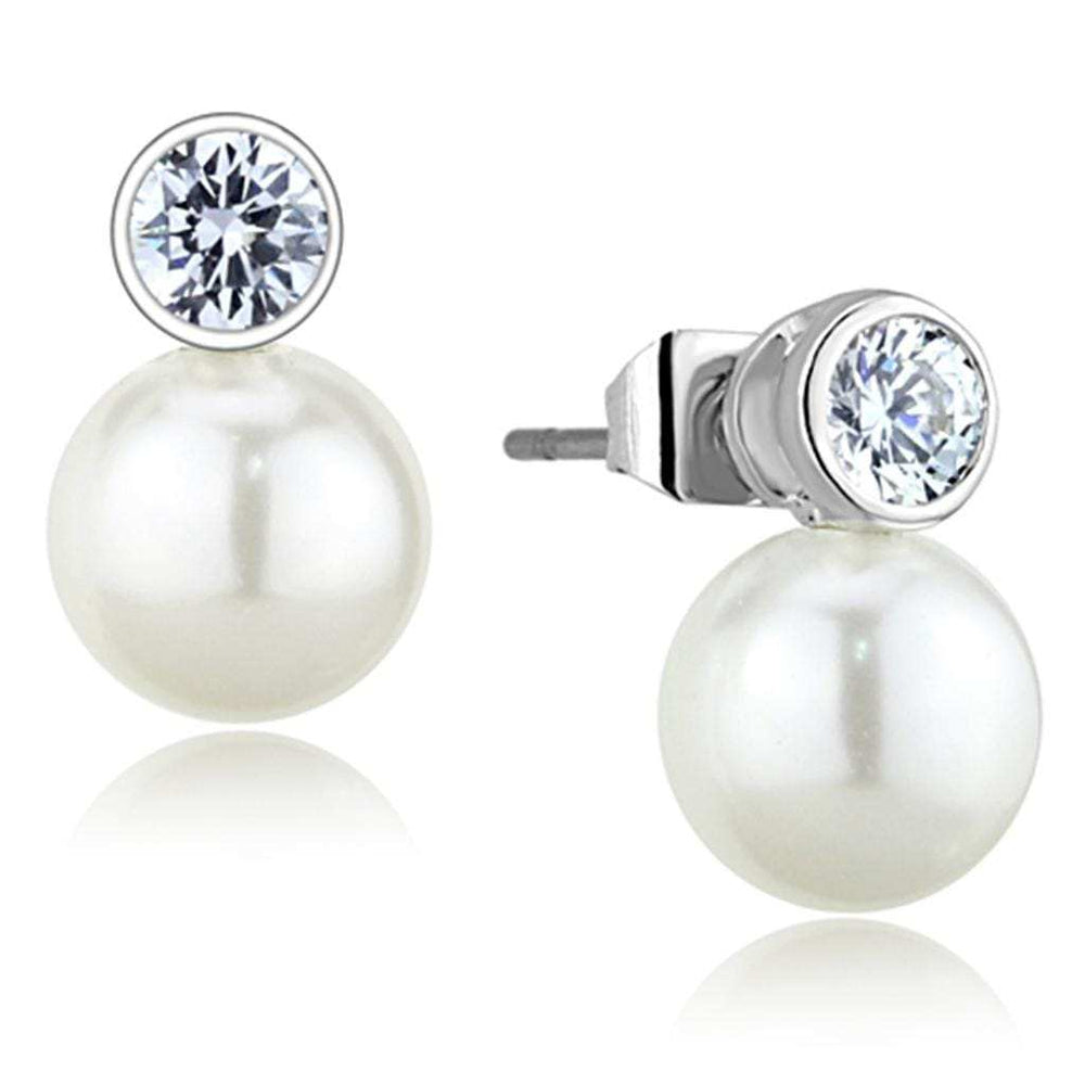 3W681 - Rhodium Brass Earrings with Synthetic Pearl in White - Alamode - Flyclothing LLC