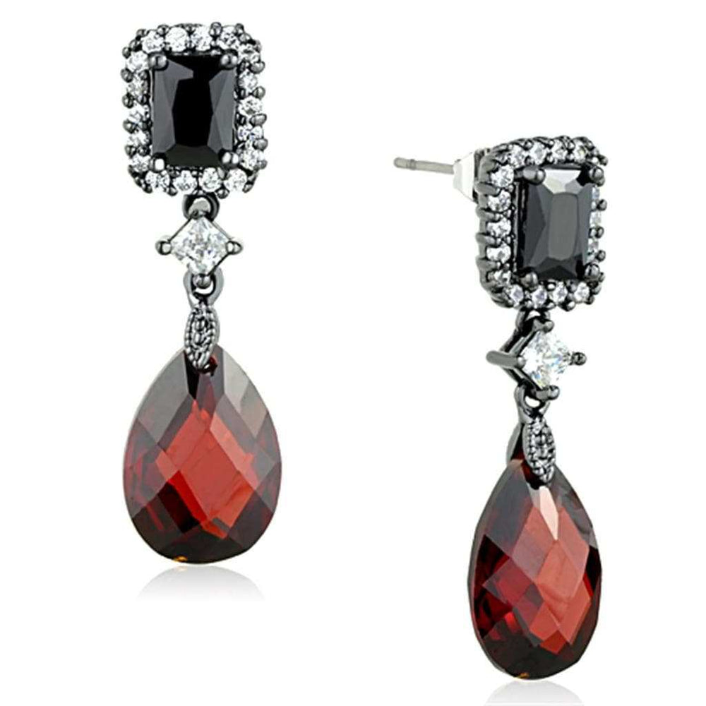 3W704 - Ruthenium Brass Earrings with AAA Grade CZ in Garnet - Alamode - Flyclothing LLC