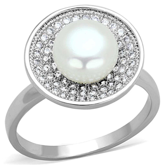 3W755 - Rhodium Brass Ring with Synthetic Pearl in White - Alamode - Flyclothing LLC