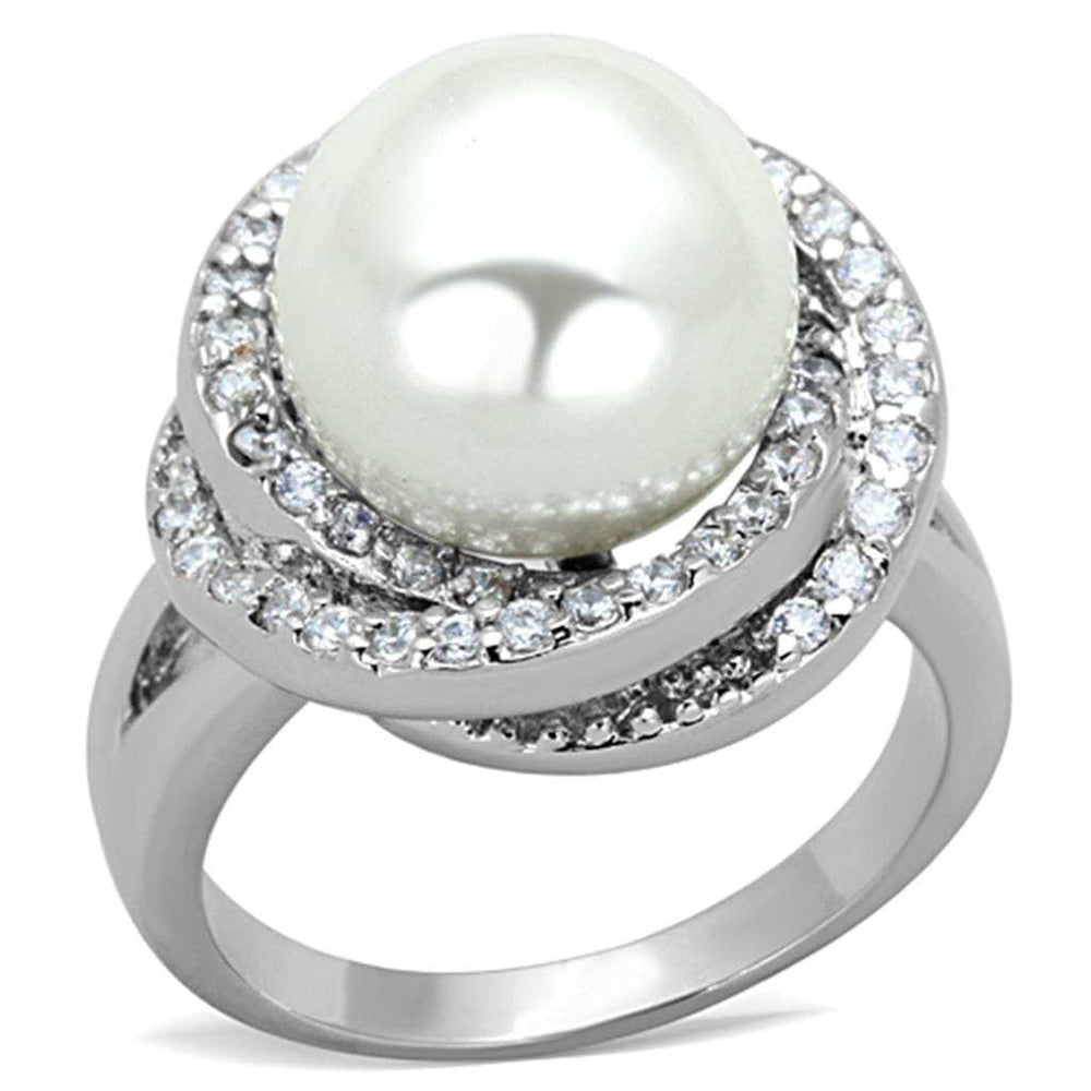 3W759 - Rhodium Brass Ring with Synthetic Pearl in White - Alamode - Flyclothing LLC