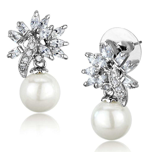 3W888 - Rhodium Brass Earrings with Synthetic Pearl in White - Alamode - Flyclothing LLC