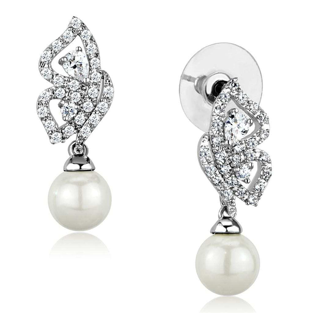 3W902 - Rhodium Brass Earrings with Synthetic Pearl in White - Alamode - Flyclothing LLC