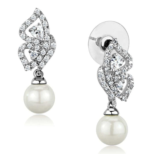 3W902 - Rhodium Brass Earrings with Synthetic Pearl in White - Alamode - Flyclothing LLC